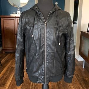 21Men Black Leather Hooded Jacket
